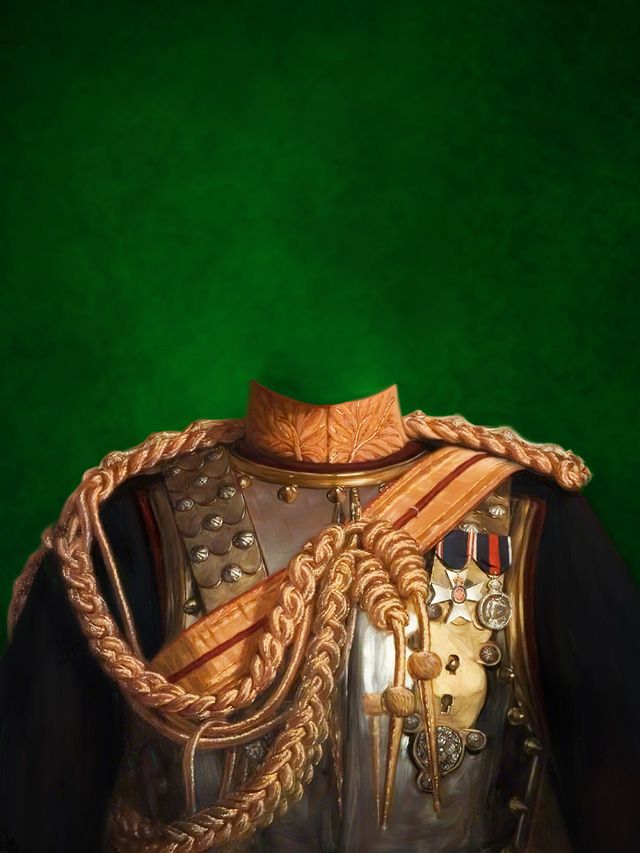 Military uniform, torso view. Black jacket, gold rope, medals, green background.