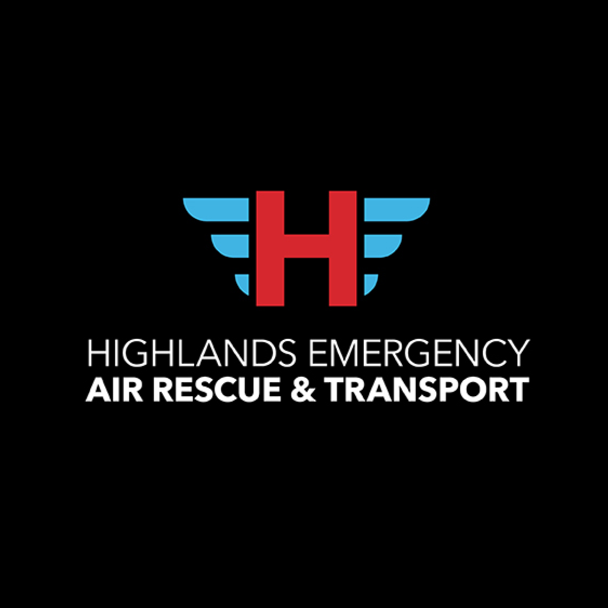 Logo for Highlands Emergency Air Rescue & Transport: Red H with blue wings, white text on black.
