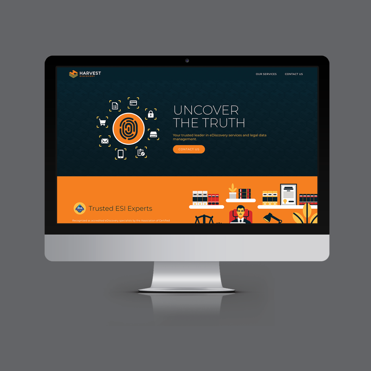 Website mockup on computer screen with dark blue and orange theme, fingerprint graphic, and