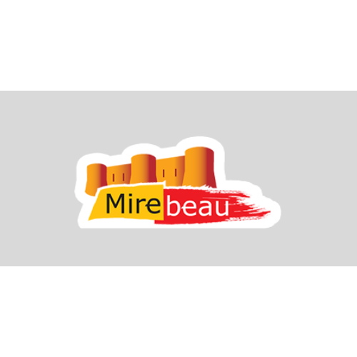 Logo pour Mirebeau, avec un château orange et un texte rouge/jaune.