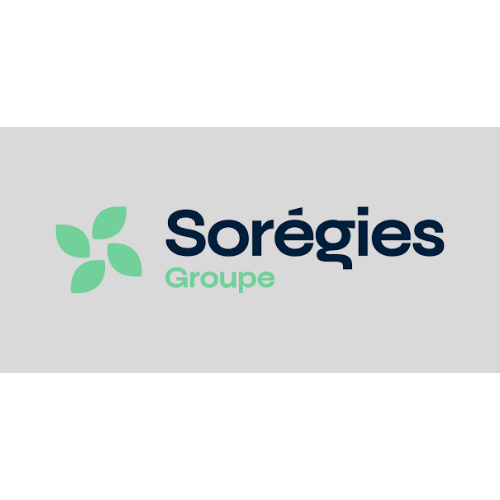Logo du Groupe Sorégies. Motif de feuille bleu sarcelle et texte bleu foncé et vert sur fond gris.