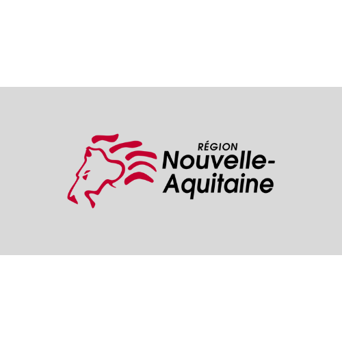 Logo rouge et noir de la région Nouvelle-Aquitaine représentant une tête de lion et du texte sur fond gris.