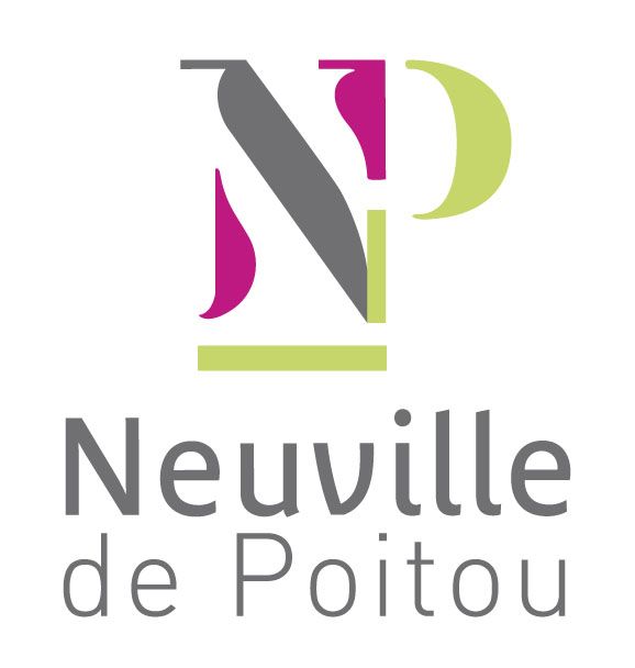 Logo de Neuville de Poitou : lettres stylisées N et P en magenta, gris et vert clair. Texte gris en dessous.