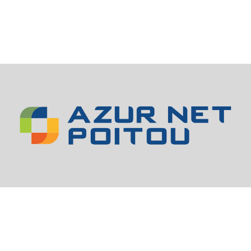 Logo pour Azur Net Poitou : Texte bleu avec graphisme carré coloré sur fond gris.