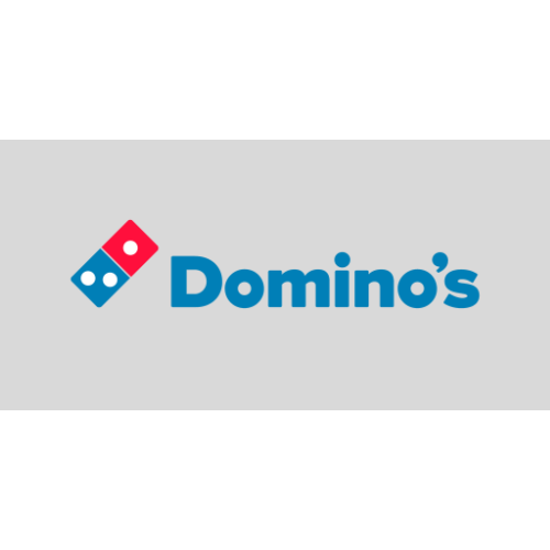Logo Domino's : texte bleu « Domino's » à côté d'un graphique domino bleu/rouge sur fond gris.