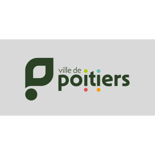 Logo de la ville de Poitiers. Feuille verte avec un point, inscription « ville de Poitiers » et points colorés.