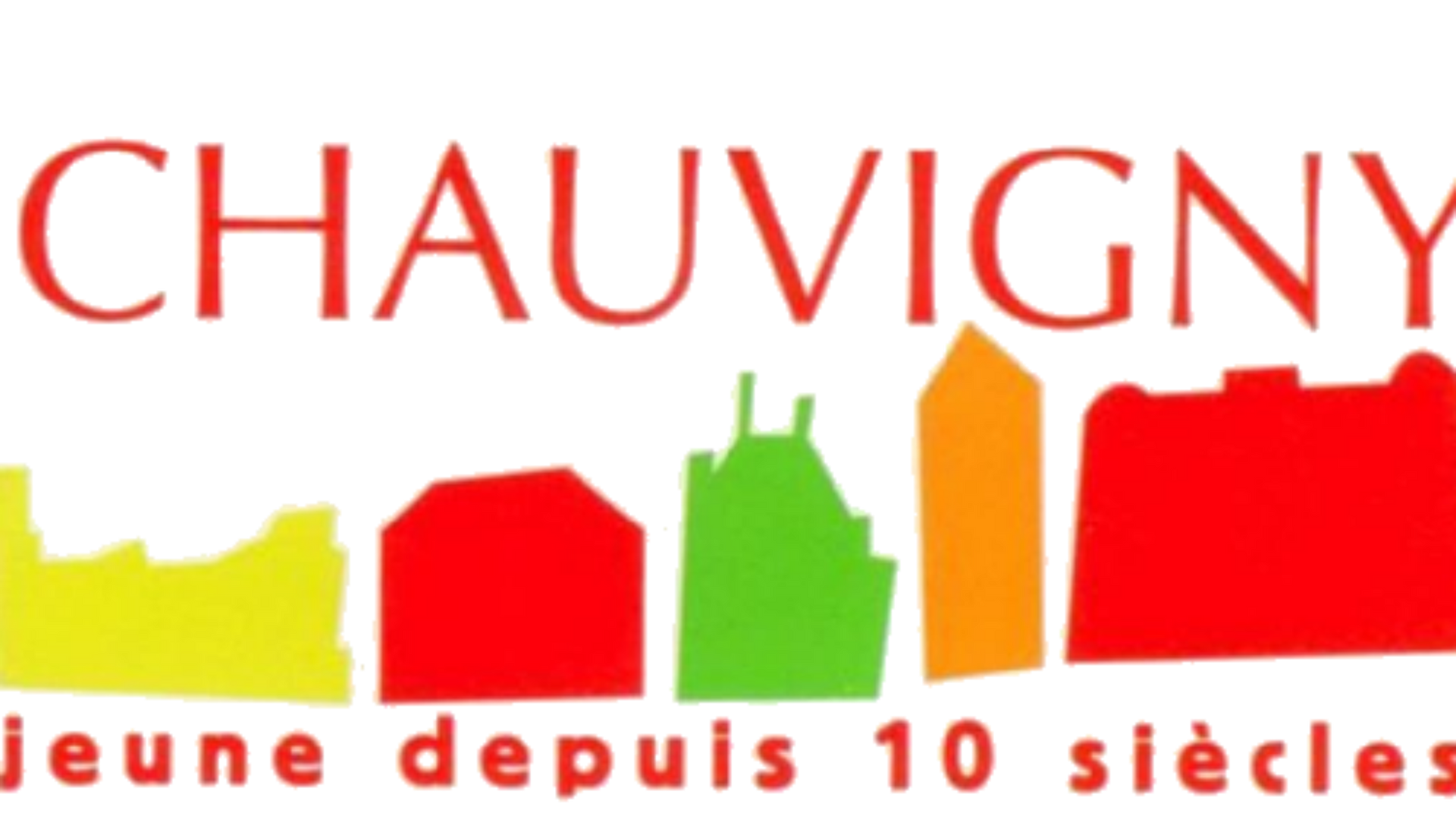 Logo de Chauvigny : bâtiments stylisés et colorés, nom de la ville au-dessus. Texte en dessous : « Jeune depuis 10 siècles ».