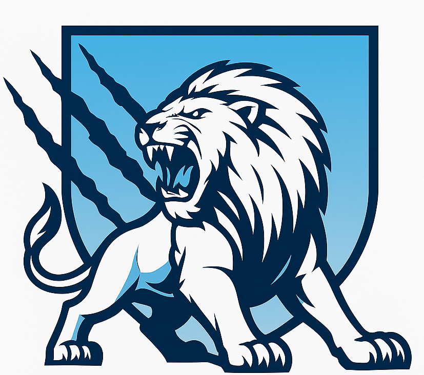 Lion blanc rugissant avec une crinière et des griffes bleues sur un bouclier bleu.