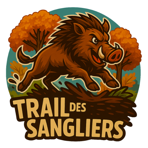 Logo du Trail des Sangliers : Sanglier en colère courant dans un champ herbeux avec des arbres d'automne en arrière-plan.