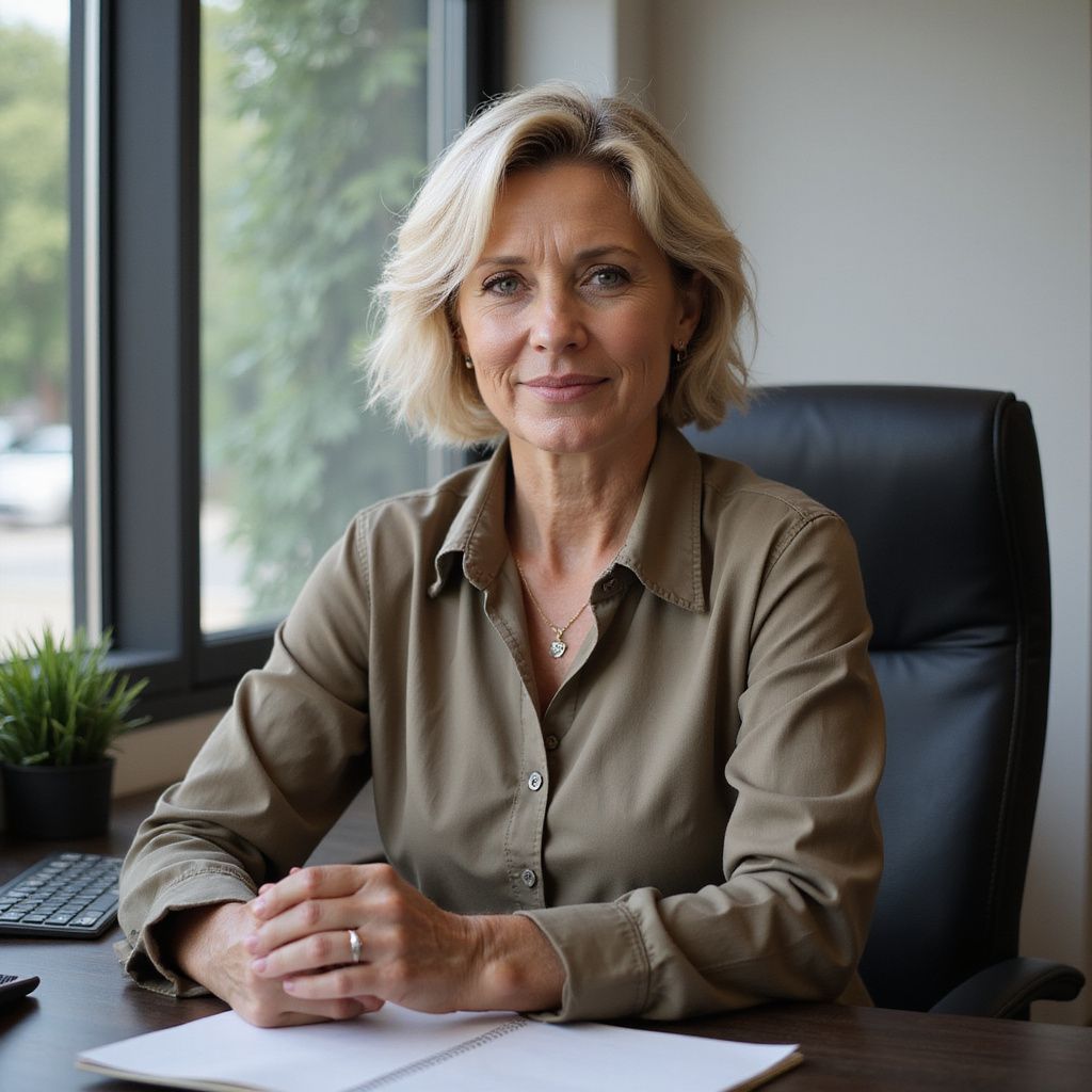 Une femme blonde assise à un bureau, souriante, porte une chemise verte et travaille dans un bureau.