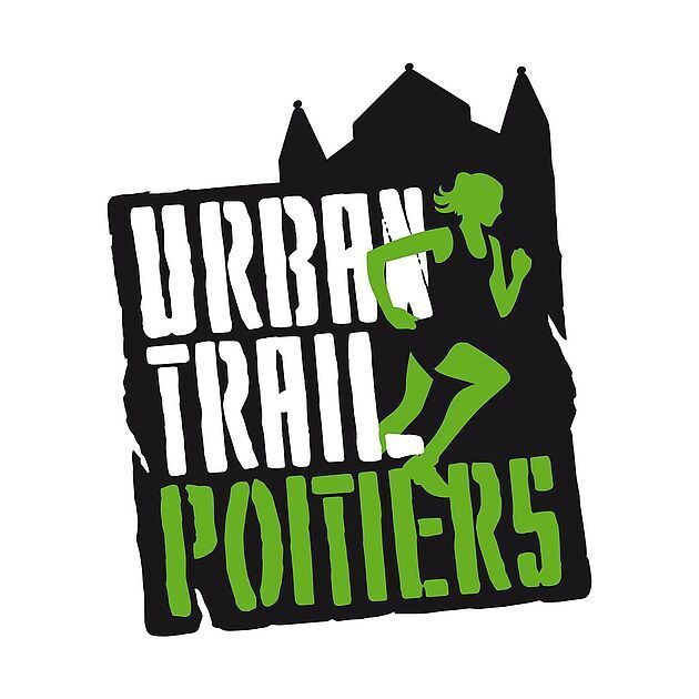 Logo pour Urban Trail Poitiers : silhouette d'un coureur vert sur fond de texte noir sur fond vert et noir.