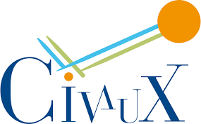 Logo CivUX avec texte bleu, soleil stylisé et lignes qui se croisent.