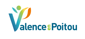 Logo de Valence en Poitou représentant une personne stylisée avec un dessin vert, jaune et orange au-dessus d'un grand « V ».
