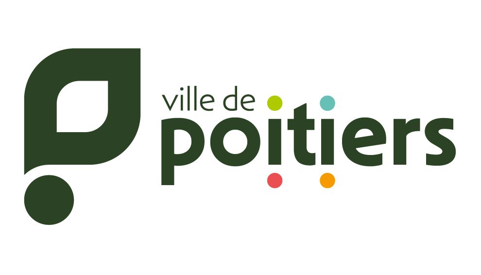 Logo de Poitiers, France : Forme de feuille vert foncé avec texte « ville de Poitiers » et points colorés.
