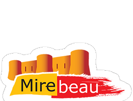 Logo de Mirebeau avec un château stylisé jaune orangé et un texte en jaune et rouge.
