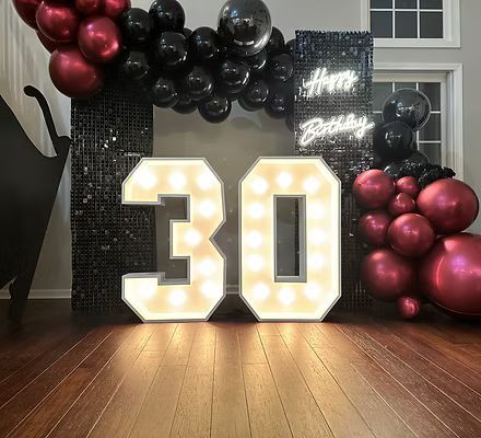 A room decorated with balloons and lights for a 30th birthday.