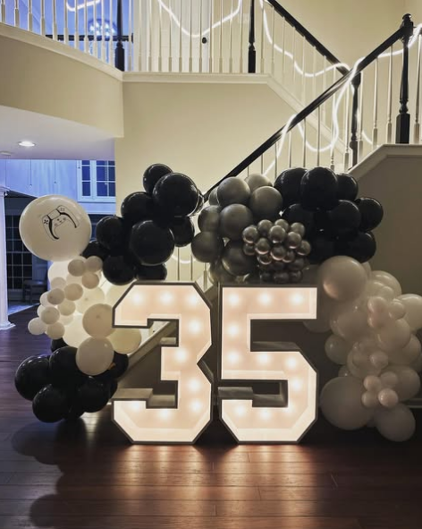 The number 35 is surrounded by black and white balloons