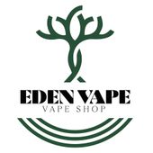 Un logo per il negozio di sigarette elettroniche Eden Vape con un albero e un arcobaleno.