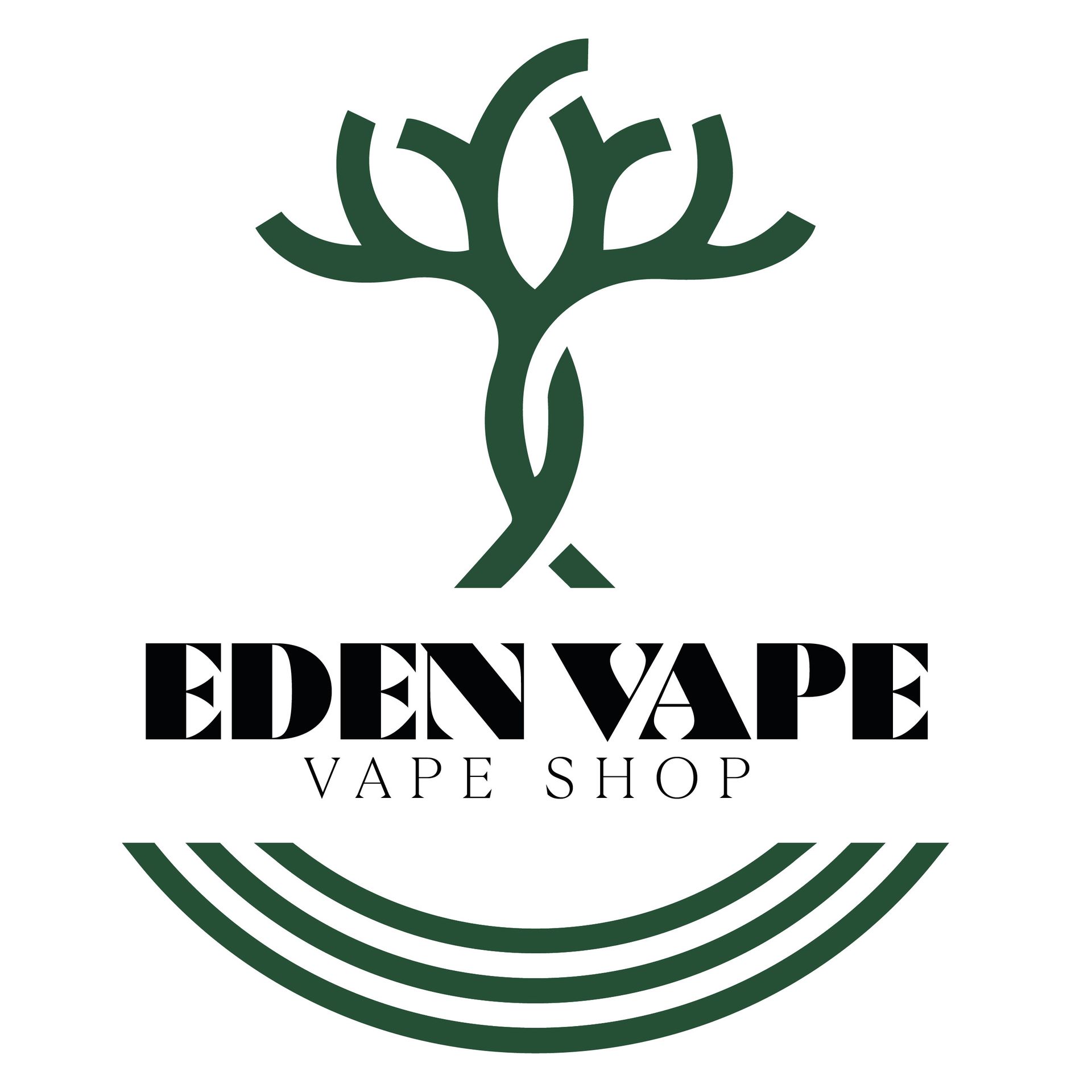 Un logo per il negozio di sigarette elettroniche Eden Vape con un albero e un arcobaleno.