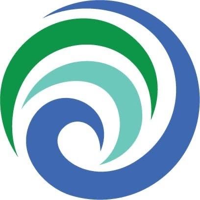 A blue and green swirl on a white background