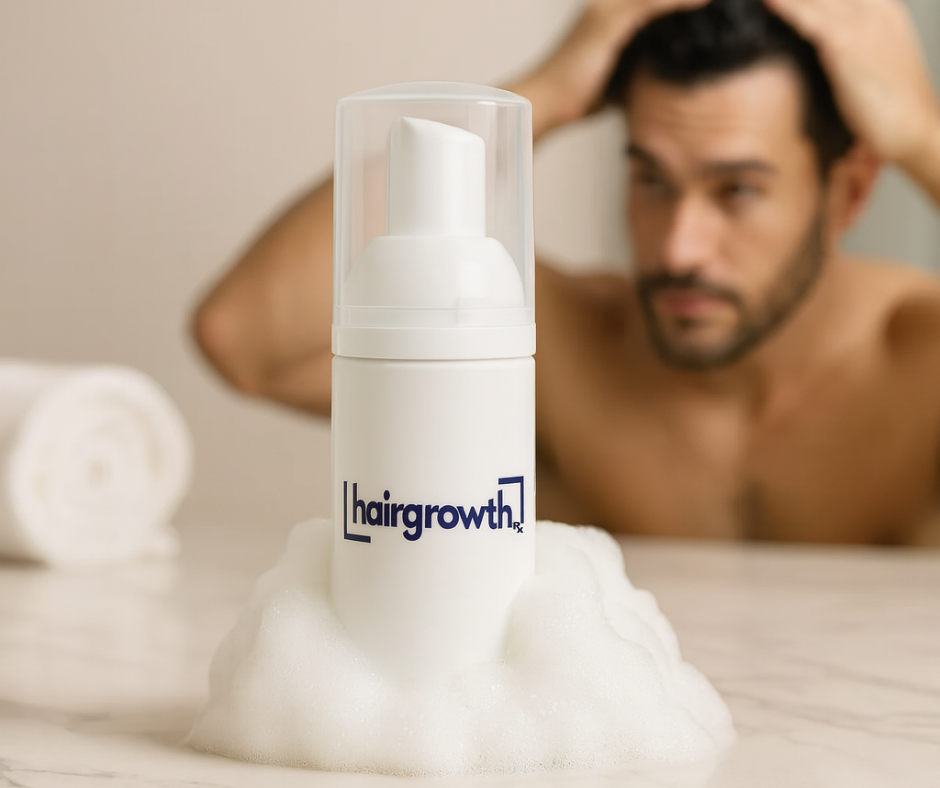 Hair growth foam bottle with logo in front of a man looking at his hair.
