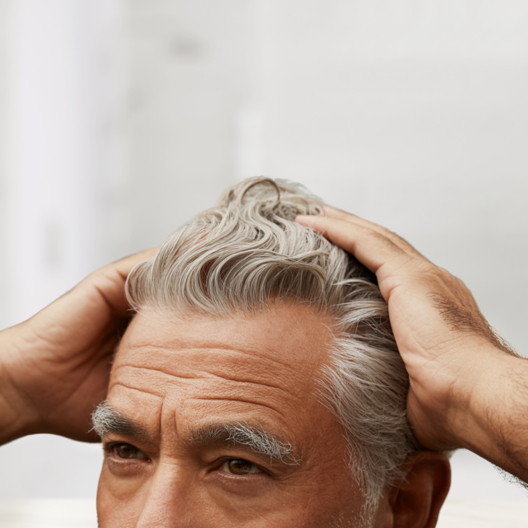 Mature man with gray hair, hands touching his head, indoors.