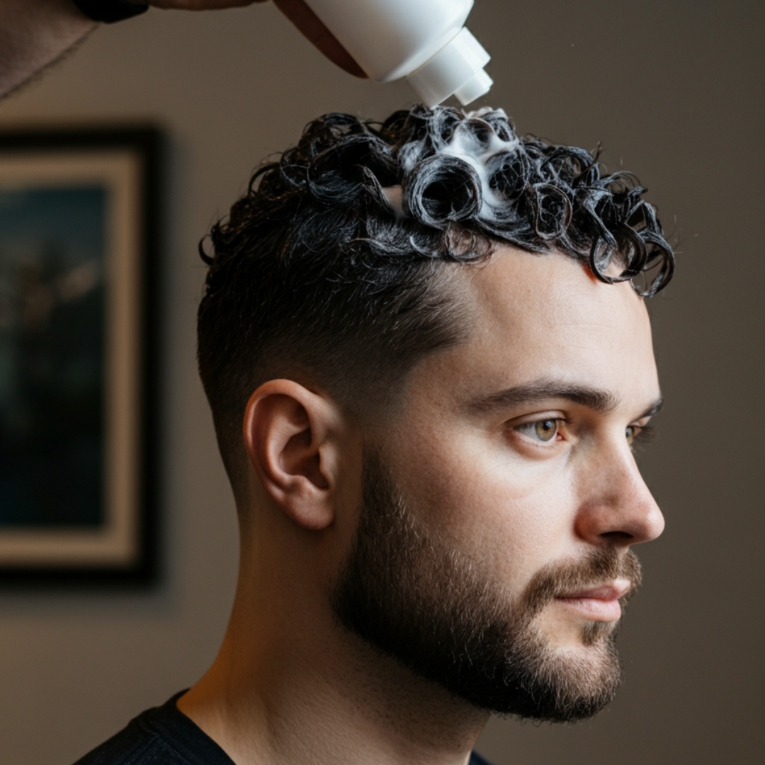 Man with curly hair, getting shampooed. Light skin, dark hair and beard.  In a room.