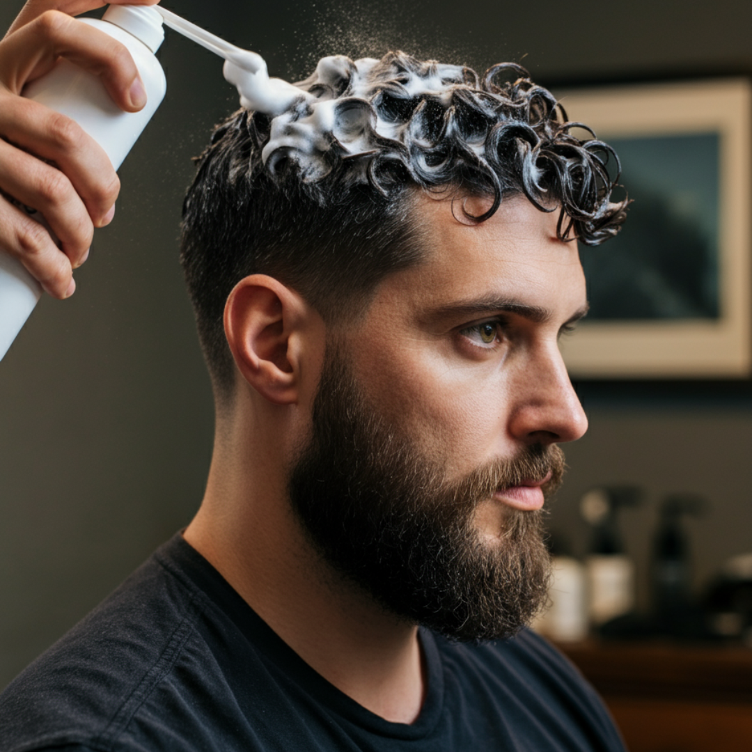 Man getting shampoo at a salon; white foam on curly hair, barber spraying from a white bottle.