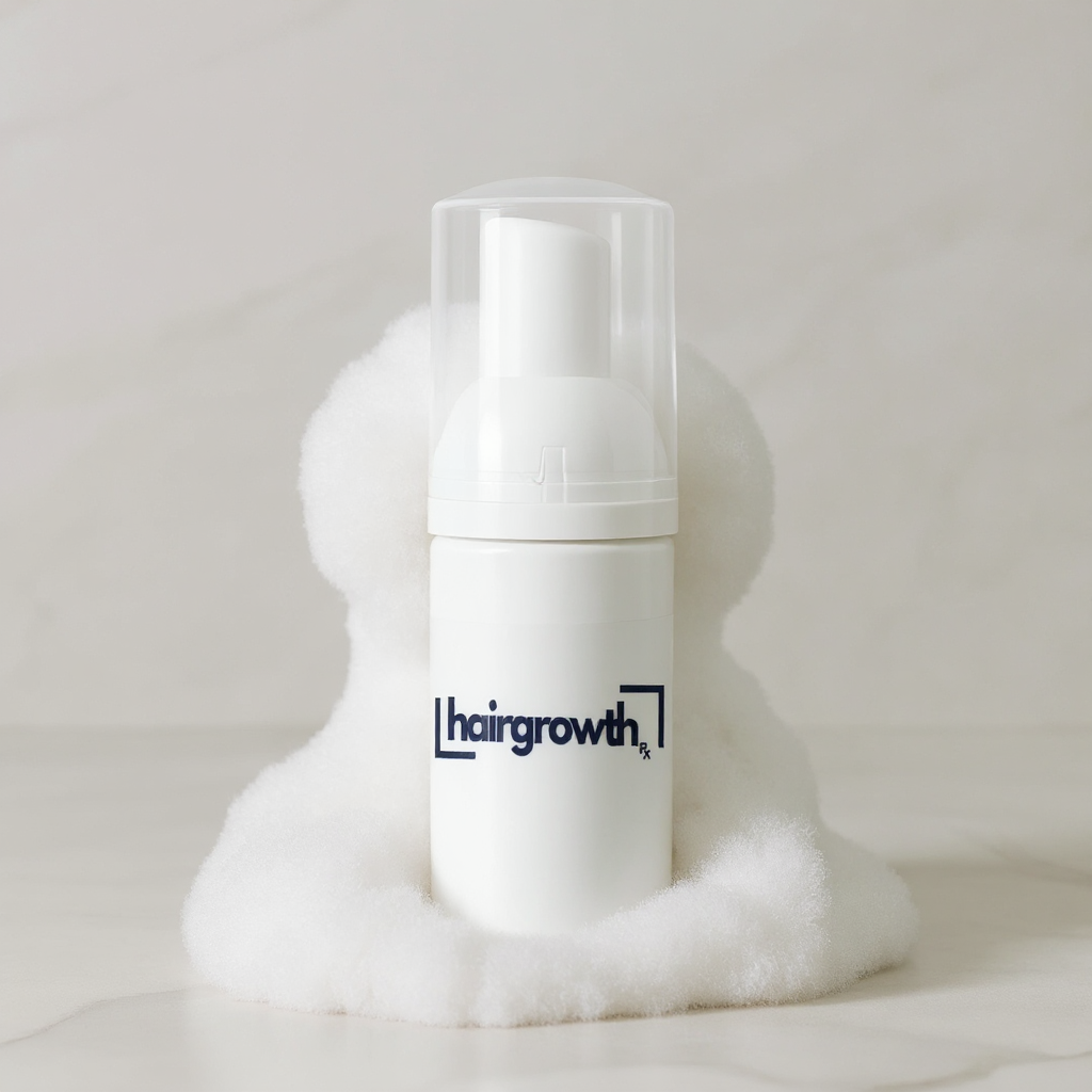 White hair growth foam bottle embraced by a white, fluffy cloud; marble background.