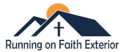 Logo with a mountain and house with a cross, with a sun. "Running on Faith Exterior" text at the bottom.