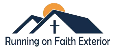 Logo with a mountain and house with a cross, with a sun. "Running on Faith Exterior" text at the bottom.