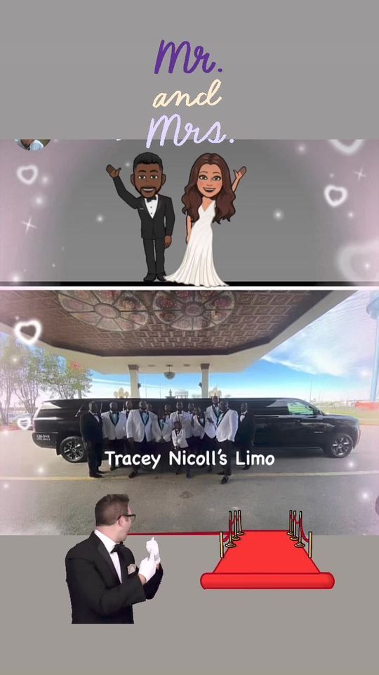 A cartoon of a bride and groom standing next to a limo and a red carpet.