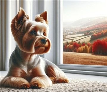 Senior Yorkshire Terrier Looking Out Window
