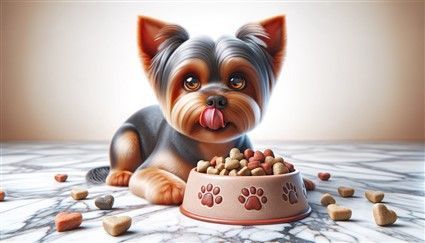 Cute Yorkie Puppy Eating Dog Food