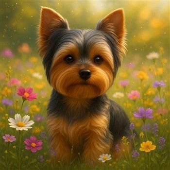 Yorkie Outside with Flowers and Pollen