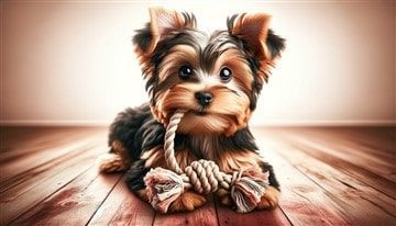 Yorkshire Terrier puppy chewing on rope teething toy