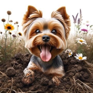 Yorkie digging a hole