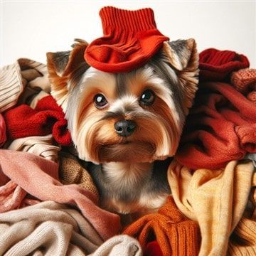 Yorkie in a pile of clothes with a sock on their head