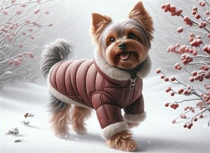 Yorkie in winter coat walking in snow