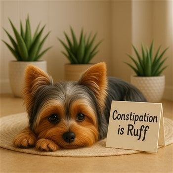 Yorkie is Constipated, lying down with sign that says Constipation is Ruff