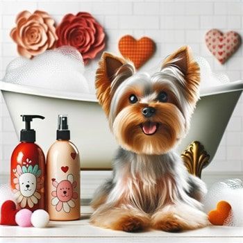 Yorkie near shampoo bottles