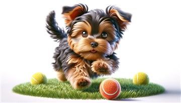 Yorkie puppy running after mini tennis ball