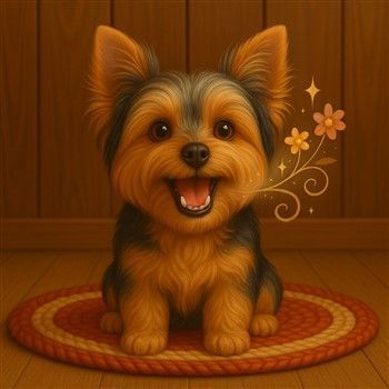 Yorkie showing fresh breath via flowers and swirls