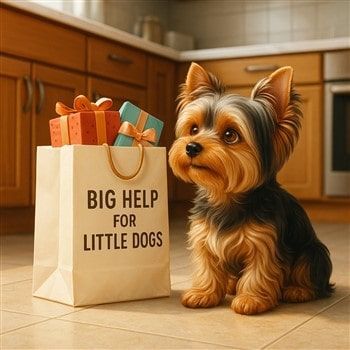 Yorkie with Shopping Bag of Helpful Items
