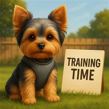 Yorkie with Training Sign
