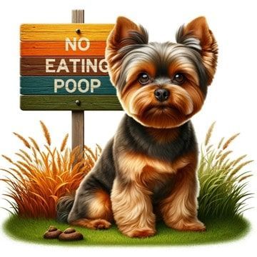 Yorkshire Terrier Next to Sign that Says No Eating Poop