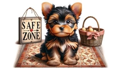 Yorkshire Terrier puppy near a sign that says Safe Zone