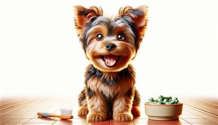 Yorkshire Terrier Puppy with Dental Care Items