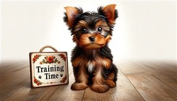 Yorkshire Terrier Puppy with Training Sign