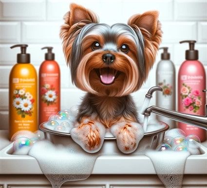 Yorkshire Terrier having bath in sink with shampoo